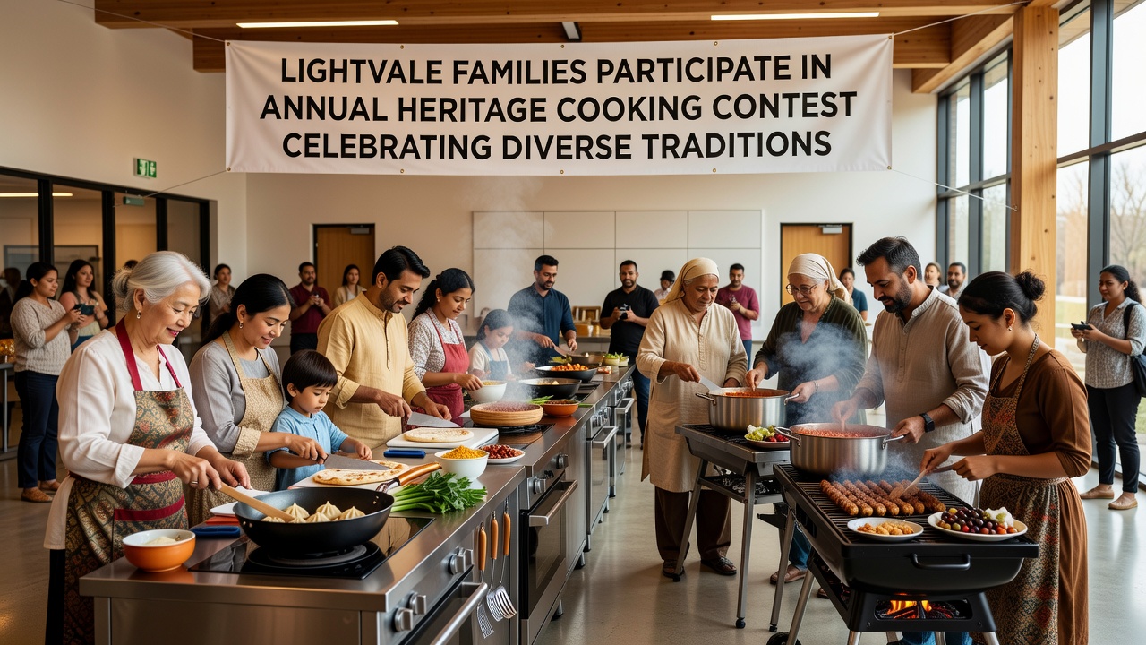 Contest participants displaying finished heritage dishes during the Lightvale annual cooking event with judges sampling entries