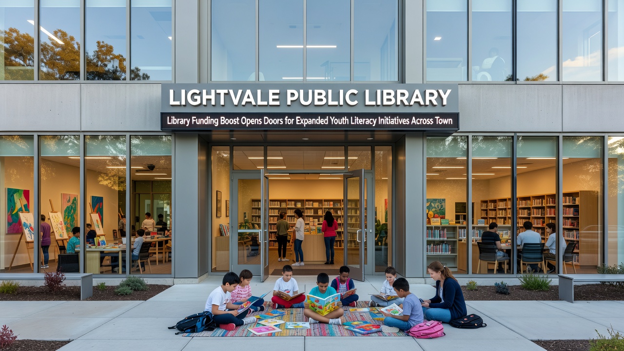 Children participating in a youth literacy workshop at Lightvale library with books and digital tablets